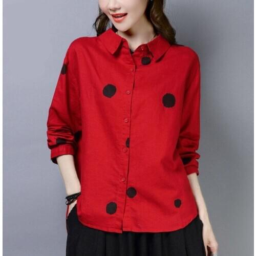 Cotton Linen Shirt Ladies Tops Autumn New Arts Style Women Shirts Plus Size Loose Long Sleeve Casual Blouse Polka Dot Print