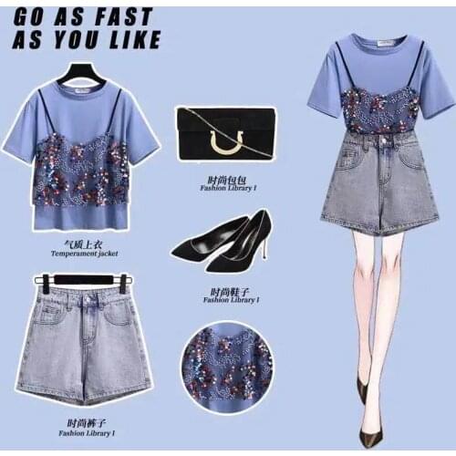 Summer Plus Size Womens 2021 New T-shirt Suit Loose Sequined T-shirt + Denim Shorts Two-piece Suit
