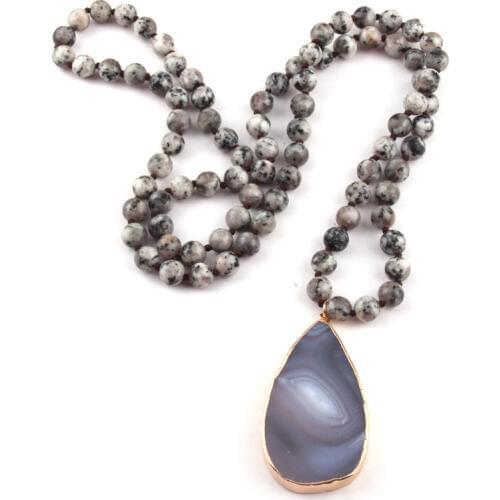 MOODPC Fashion Semi Precious Stones long Knotted Natural Stone Agat Pendant Necklace For Women Ethnic Necklace