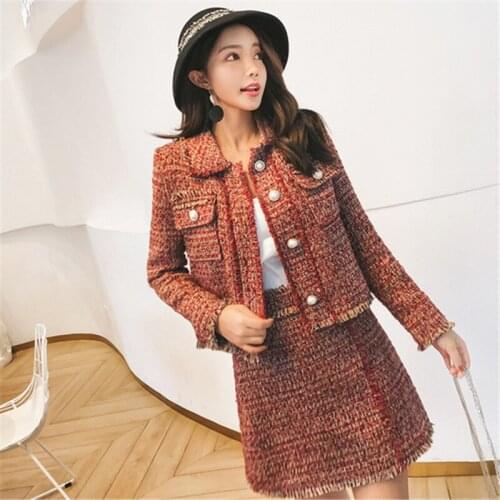Autumn Winter Womens Set women Sexy Elegant Weaving skirts sets Tweed suits jacket tops+skirts 2 piece sets female woolen coat
