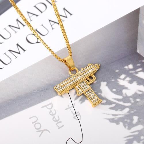 Mens Womens Jewelry Hip Hop Zircon Necklace Gold Box Chain Imitation Pistol UZI Shape Pendant Handsome Submachine Gun