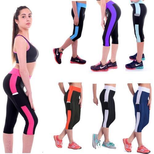 Sexy Women Striped Night Running Tights Capri Tights 3/4 Length Sports Capri Pants With Pocket High Waist Fitness Clothing