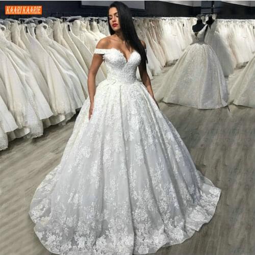 Luxury Arabic White Lace Wedding dresses Off Shoulder Appliqued Beaded Ball Gown Bridal Dresses Africa Custom Made Wedding Gowns