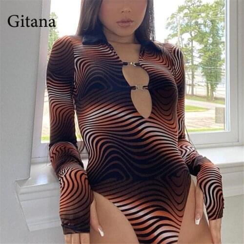 Gitana Y2K Wave Print Hollow Out Sexy Bodysuits Long Sleeve Top Overalls Women Skinny Body Autumn Jumpsuit and Bodysuitk