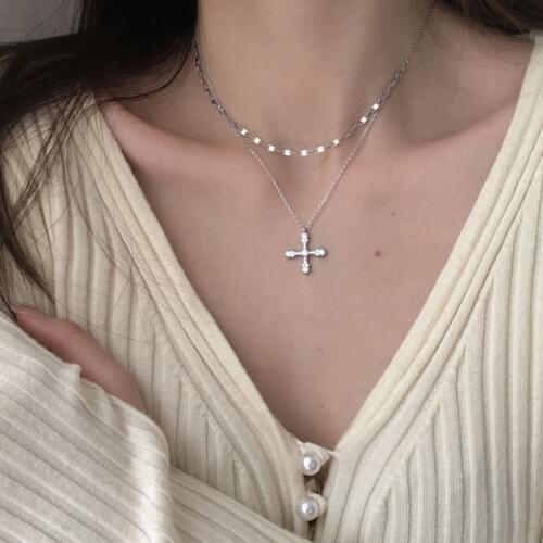 925 Sterling Silver Double Layer Cross Necklace for Women Shiny CZ Clavicle Chain Necklace Jewelry Gifts S-N244