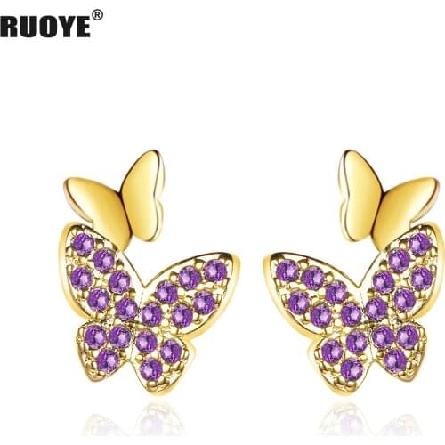 925 Sterling Silver Studs Cute Crystal Butterfly Earrings For Women Gold Fashion Jewelry New