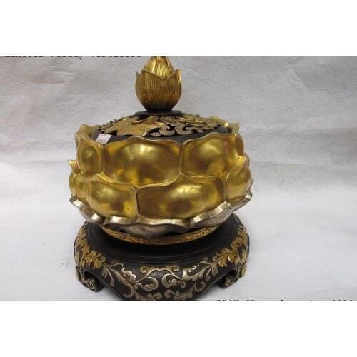 Tibet Pure Bronze Copper 24K Gold Silver-Gilt Lotus Flower Incense Burner Censer
