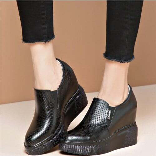 Casual Shoes Women Breathable Genuine Leather Wedges High Heel Ankle Boots Female Round Toe Fashion Sneakers Platform Oxfords