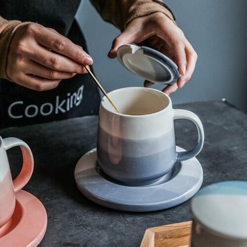 Simple Creative Cup Ceramic Mug Coffee Cup with Cover Spoon Personality Trend Breakfast Cup Oatmeal Cup Gift Cup Cute Cup