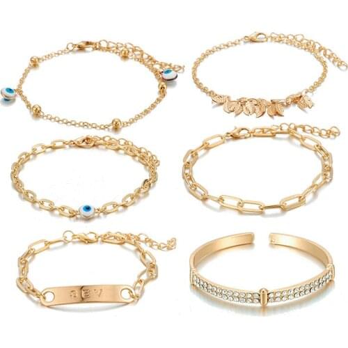 YWZIXLN 2021 Boho Engraved 6pcs/Set Vintage Gold Color leaf Pendant Bracelet Accessories Best Gift For Women Wholesale B0