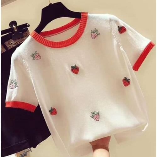 Womens knit wear thin mesh T-shirt female loose strawberry print bottomed SHIRT O NECK Short Sleeve Korean Style patchwork Large