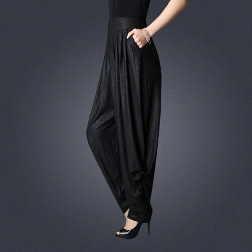 Woman Summer plus size elastic waist loose wide leg pants wild casual trousers black printed harem pants lantern pants female