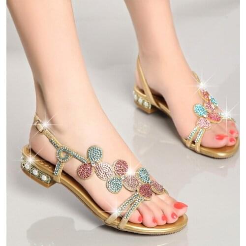 Womens Flat Sandals 2021 Summer Diamond Fashion Sexy Bohemia Open Toe Casual Pearl With Luxury Designer Beach Shoes Pumps Big