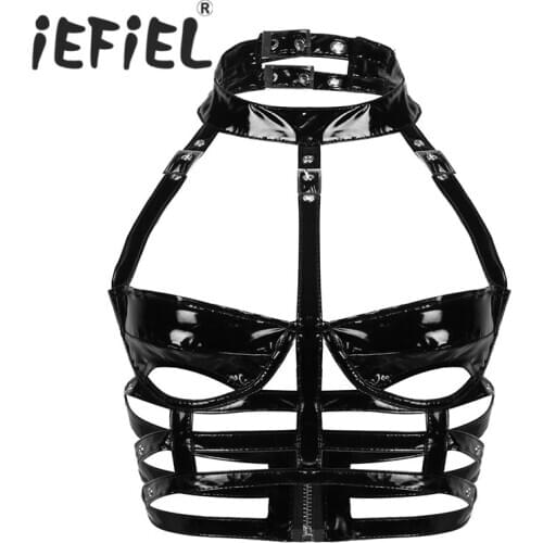 Womens Sexy Leather Punk Gothic Wetlook Costumes Clubwear Lingerie Halter Neck Pole Fashion Cups Cutout Low Back Caged Bra Top
