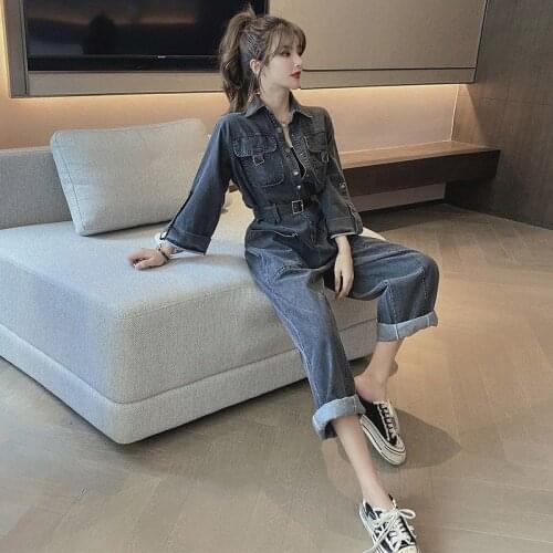 Women 2021 Spring Autumn Long Sleeve Denim Jumpsuits New Female Vintage Solid Casual Denim High Waist Jumpsuit Overalls Y171