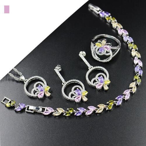 925 Sterling Silver Multicolor Bracelet Jewelry sets for women Flower Ring Pendant earrings