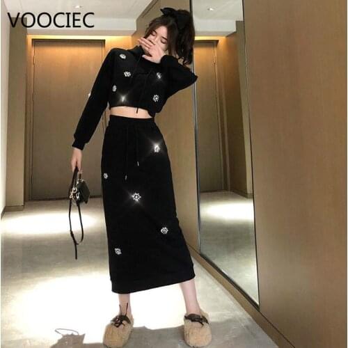 VOOCIEC spring winter new Rhinestone Flower Hooded Cape Shirt Short+ Long Sports Package Hip Skirt Two-piece Sets suit Casual