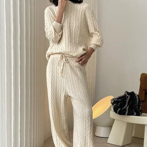 Autumn and winter womens casual solid color round neck long-sleeved loose sweater + high-waist knitted loose pants suit
