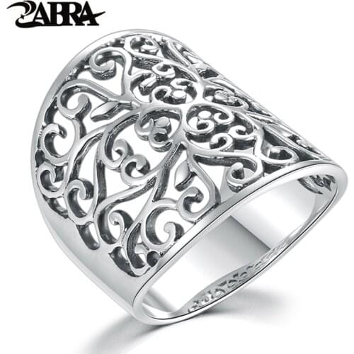 ZABRA US Size 6-13 Real Solid 925 Sterling Silver Women Ring Flower Hollow Designed Fashion Gift for Women Girl Friend Jewelry