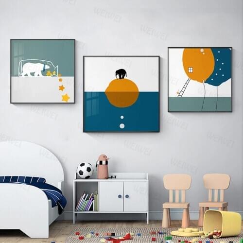 Cartoon Canvas Painting Polar Bear Elephant Giraffe Animal Poster Print Colorful Wall Art Picutres for Kids Children Room Decor