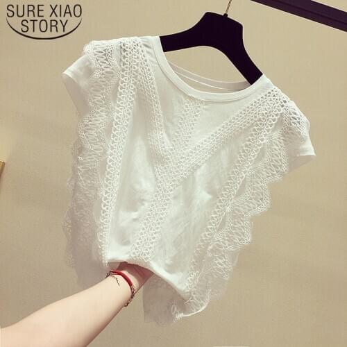 2021 Summer Womens Tops and Blouses Korean Style Women Lace Patchwork Short Sleeve Solid Shirt Women Blouse Blusas 4835