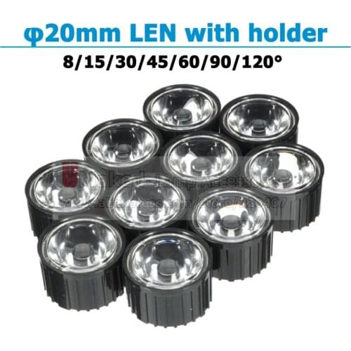 300pcs 20mm 5 8 15 30 45 60 90 120 Degree Clear LED Lens + 22mm Black White Holder For 1W 3W 5W LED Light Diodes, Free shipping