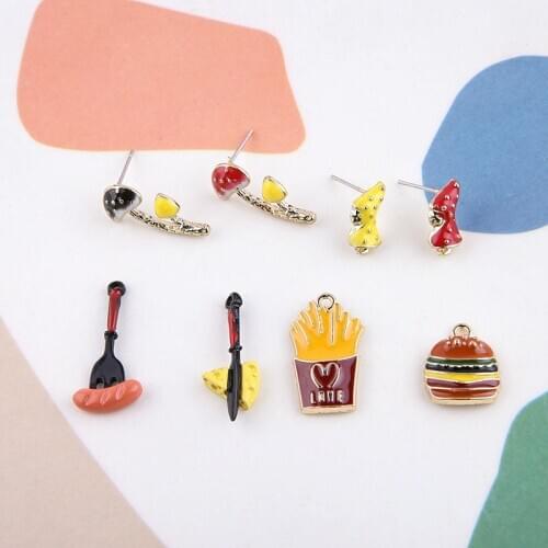 6pcs Cartoon Knife And Fork Hot Dog stud Earrings For Women Girls Fries Mushroom Santa Claus Cute Pendant Diy Jewelry Making