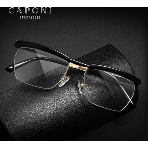 CAPONI Half Frame Men Glasses Business Clear Computer Glasses Frame Brand Designer Transparent Optical Mens Eyeglasses J1053