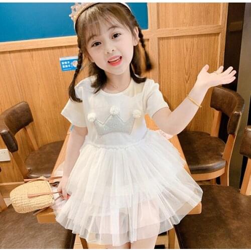Kids Dress Girls Crown Pattern Round Collar Short Sleeve One-Piece Layered Dress for Summer Fall White/Pink