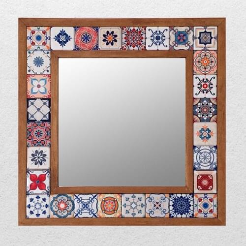 Ceramic tiled Portugal pattern wooden framed mirror ethnic porcelain decorative color special design accessory decoration embossed
