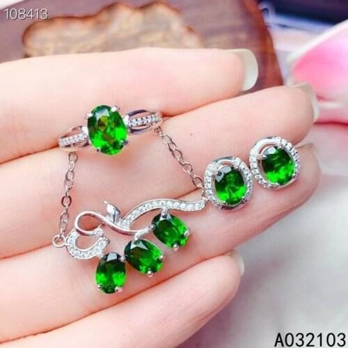 KJJEAXCMY fine jewelry 925 sterling silver inlaid natural diopside Womens fresh green Gem Ring Pendant Earring Set support test
