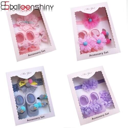 Balleenshiny 5pcs/set Newborn Baby Girls Headband Bow Flowers Cloth Hair Bands Hair Accessories Socks Gift Boxes Christmas Gifts