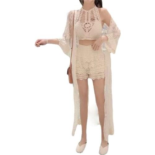 Summer beach 3pcs sets women holiday hook hollow out lace sets women Hollow Out swiming sets