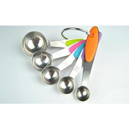 50sets/lot, 5pcs Stainless Steel Measuring Spoon Silicone Handle Measuring Cup Scoop for Liquid Powder Cake Tools