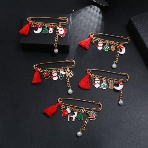 Fashion Christmas Metal Enamel Brooch Snowman Gloves Elk Christmas Tree Long Fringe Badge Pin Unique Trendy Jewelry Gift Friends