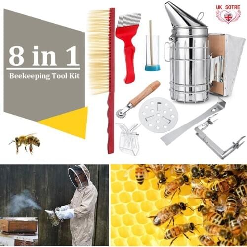 Stainless Steel Beekeeping Bee Hive Smoker Kit Heat Shield Protection Scraper Equipment Tools Set 8 in 1 Apiculture Accessories