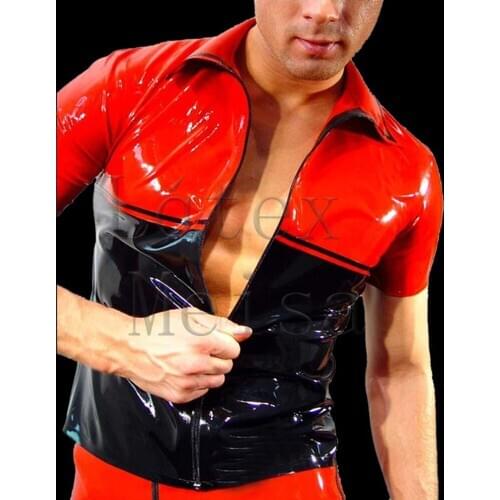 Novelty latex blouses men short sleeve with front zip in red patchwork black colors