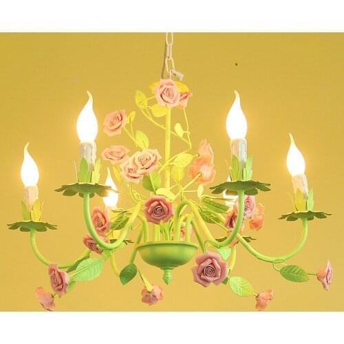 European garden style flower girl children pendant light iron ceramic rose Restaurant bedroom living room hang lamp