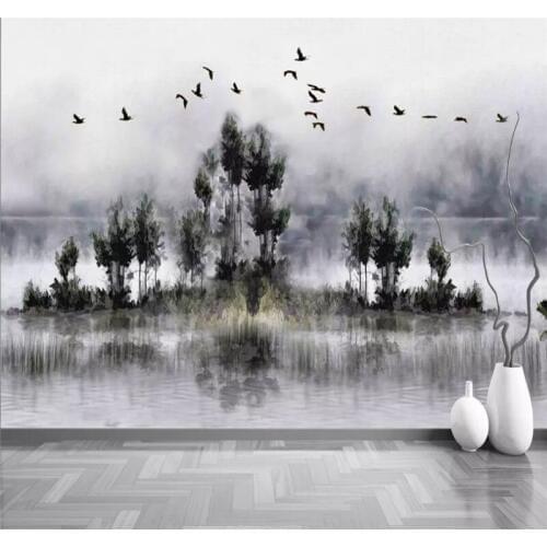 Custom wallpaper modern hand-painted smoke forest birds background wall painting decorative high quality waterproof material