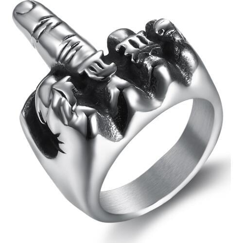 Drop ship Punk Styler 316l stainless steel antique middle finger rings for men women classic biker mens rings