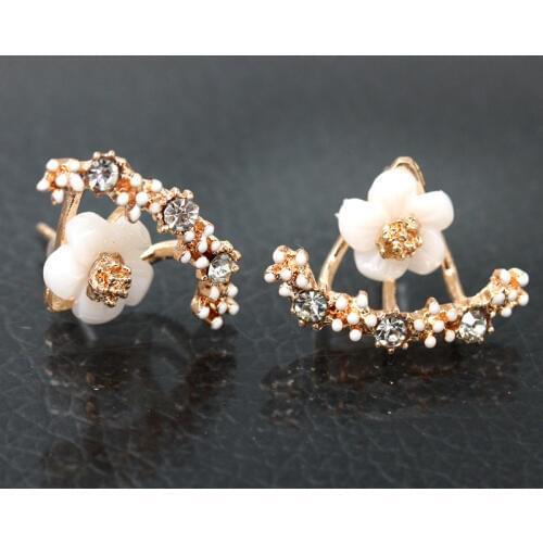 3 Shiny Crystal Branches Milky Stone Petal Daisy Flower Golden Silver Plated Alloy Stud Earrings Women Fashion Jewelry