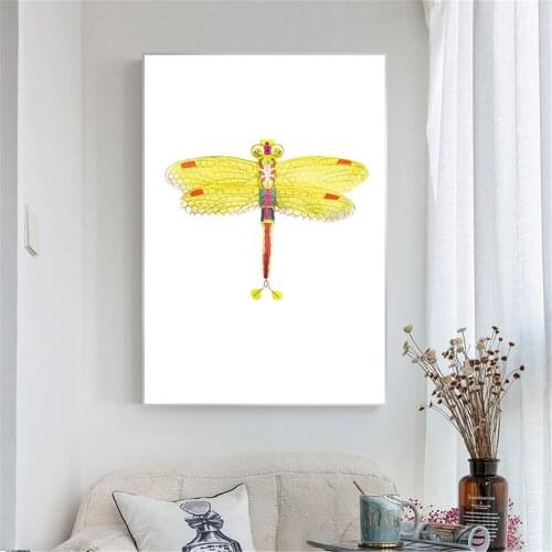 Nordic Posters and Prints Wall Art Canvas Painting Watercolor Orange Dragonfly Wall Pictures for Living Room Modern Home Decor
