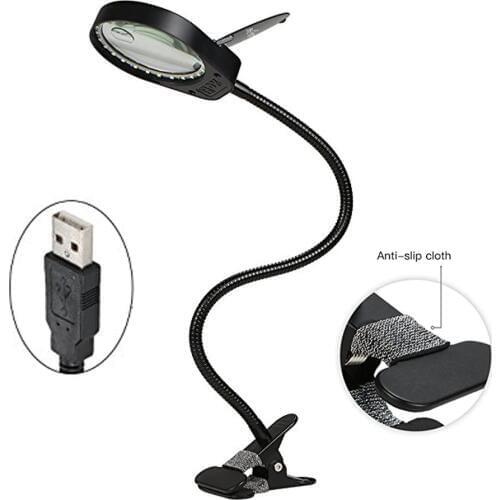 USB Plug LED Light Lamp Reading 3x 10x Large Lens Magnifying Glass Magnifier Clip-on Table Top Desk with LED Table Lamp-Black
