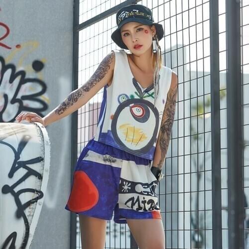 Hip Hop Costume Cute Cartoon Vest Shorts Women Street Dance Clothes Adults Cheerleading Clothing Jazz Dancer Stage Outfit DT894