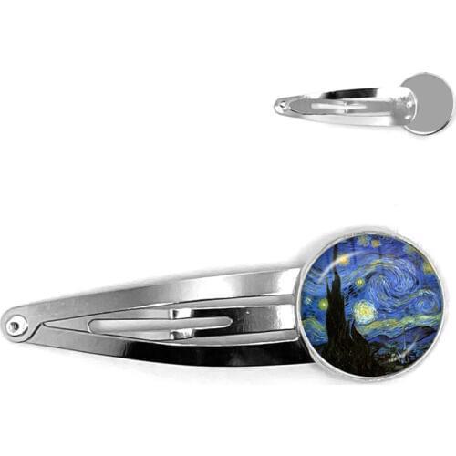Fashion Van Gogh Art Starry Night Sunflower Hairpins 20mm Glass Cabochon Dome Barrette Stick Hairpins For Women Girls Gift