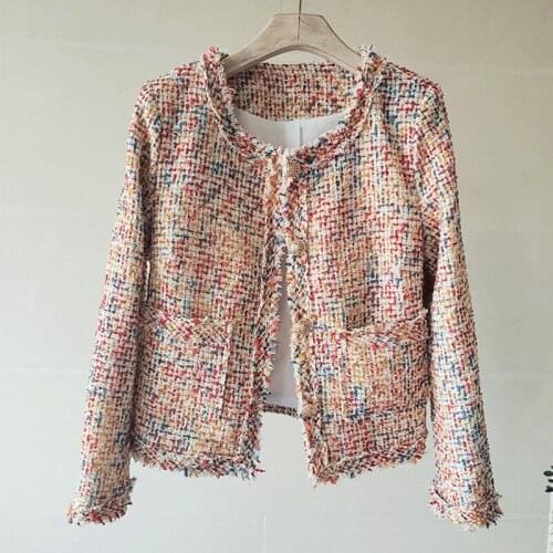 New Arrival Vintage Single-Breasted Frayed Tweed Jacket Coat Womens High Quality Ladies Outerwear Casual Casaco Femme