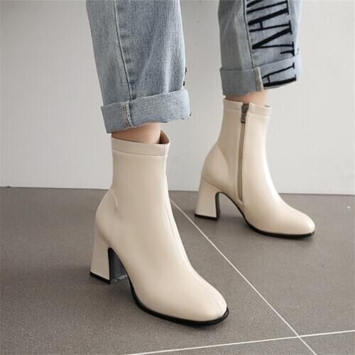2020 Autumn Women Boots Faux Leather Super High Heel Ankle Boots Fashion Square Toe Zipper Winter Boots Black White