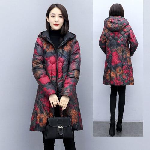 Women 2021 Winter New Printed Long Down Jackets Female Slim White Duck Down Coats Ladies Thick Warm Hooded Overcoats E570