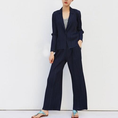 Miyake Pleated Sets Blazer Womens One Button Jacket Cardigan Plus Size Temperament Elegant Suit 2021 Autumn inter