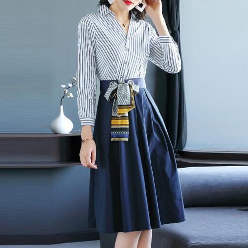 Autumn Winter Dress Womwn stripe Shirt Dress Office ladies elegant Patchwork A-line Bandage Tunic Dresses With Sashes Vestidos